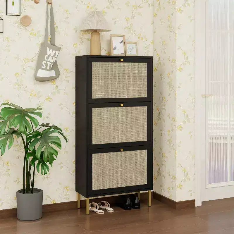MAYEERTY Rattan Shoe Cabinets with 3 Doors Freestanding Modern Shoe Storage Shoe Racl for Entryway Black
