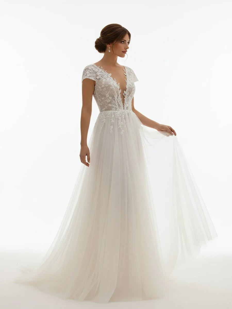 Sexy A Line Plunging Neckline Tulle Sweep Train Wedding Dress with Appliques