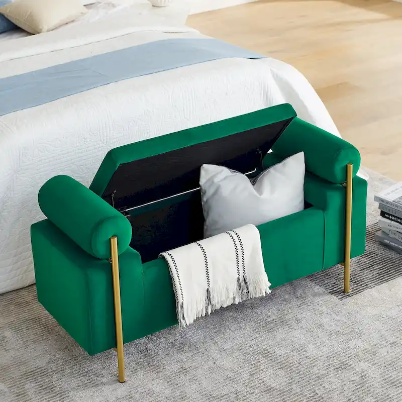 Harper Linen Upholstered Storage Bench with Cylindrical Arms and Gold Metal Legs