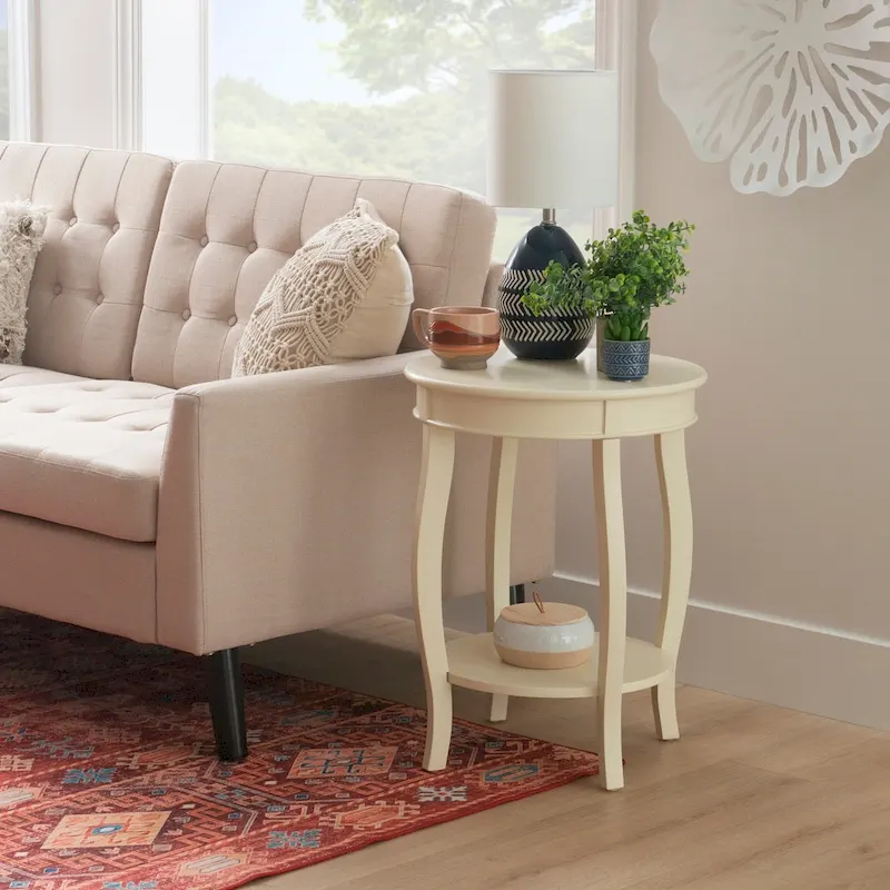 White Round Side Table with Lower Shelf & Cabriole Legs, 1-Person