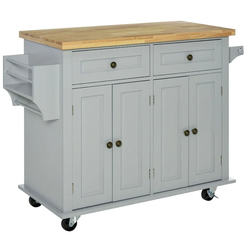 Brown Oak / Grey / White / Black Rolling Kitchen Island Cart with Spice Rack