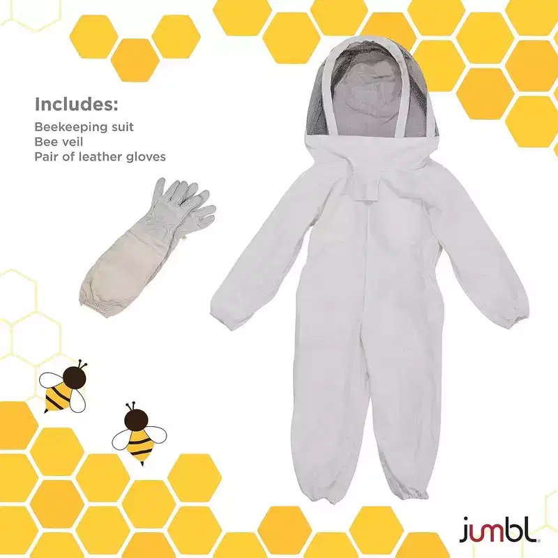 Jumbl Kids Full Protection Beekeeping Suit with Veil Hood and Leather Gloves for Safe Beekeeping