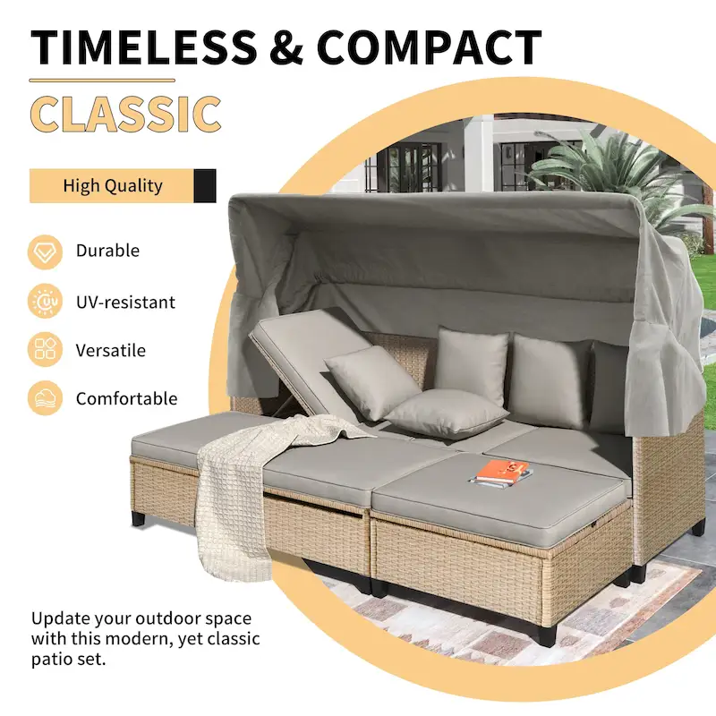 4-Pieces UV-Proof Resin Wicker Patio Sofa Set with Retractable Canopy, Cushions & Lifting Table
