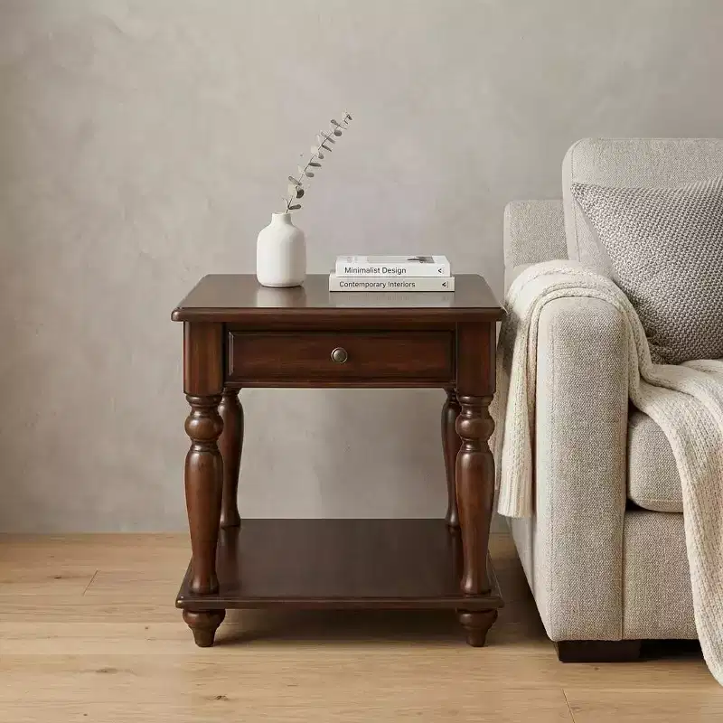 HomeRoots 24 Walnut Manufactured Wood Rectangular End Table With Drawer And Shelf