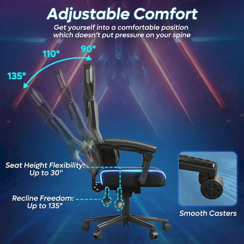 Ergonomic Gaming Chair with RGB LED Lights, Ventilated Fabric Computer Chair with Pocket Spring Cushion and Articulated Armrests