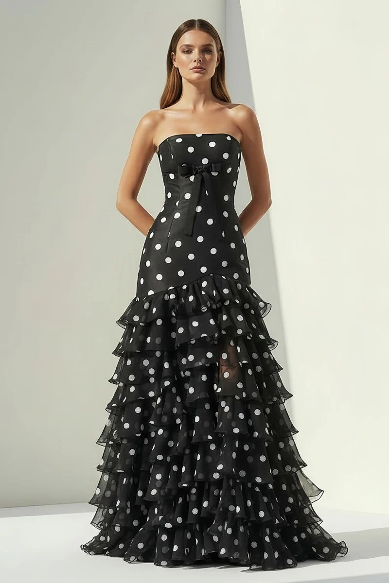 Black Strapless Sheath Polka Dots Chiffon Ruffled Prom Dresses With Bow