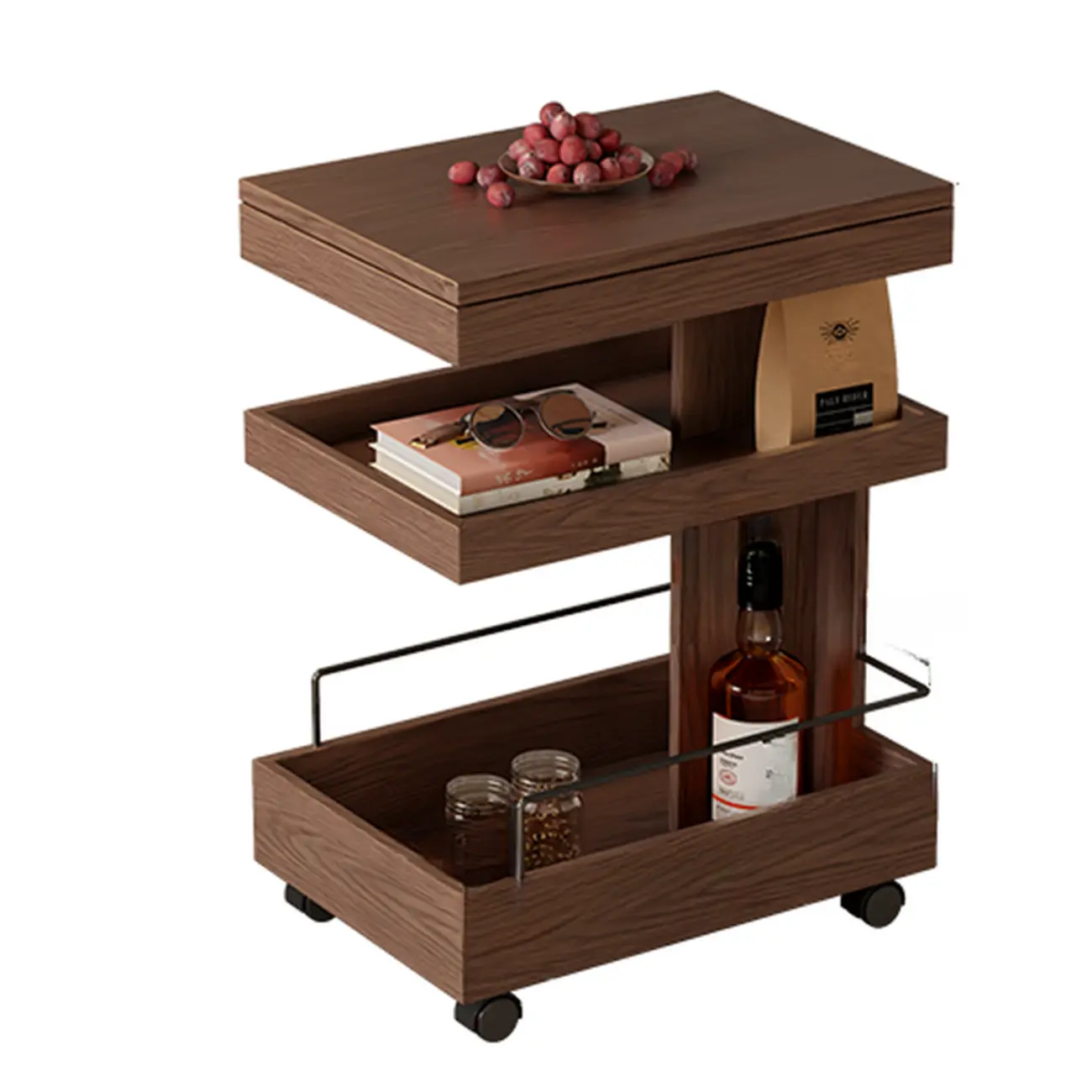 Brown Wood Rectangular 3-Tier Rolling Side Table