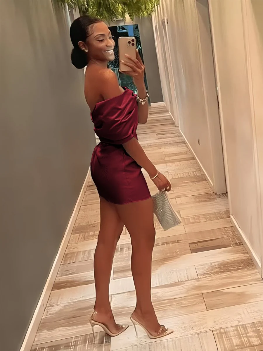 Burgundy - Off The Shoulder Satin Bodycon Short Homecoming Dress With Beading