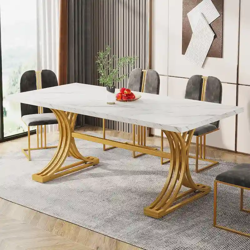 Faux Marble Dining Table with Gold Legs for 6-8