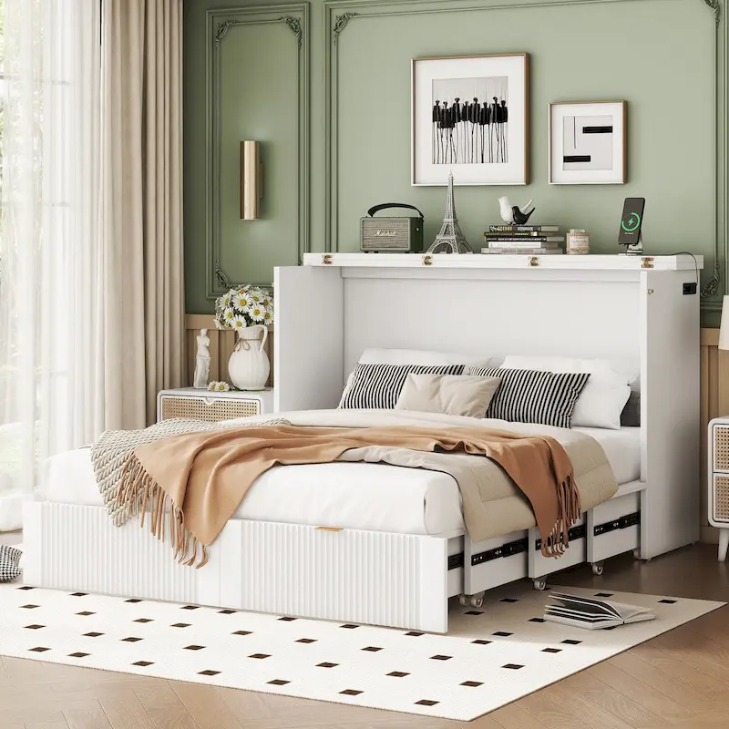 White/Gray Full Size Murphy Wall Bed with 2 Drawers & USB Ports, Sleeps 1