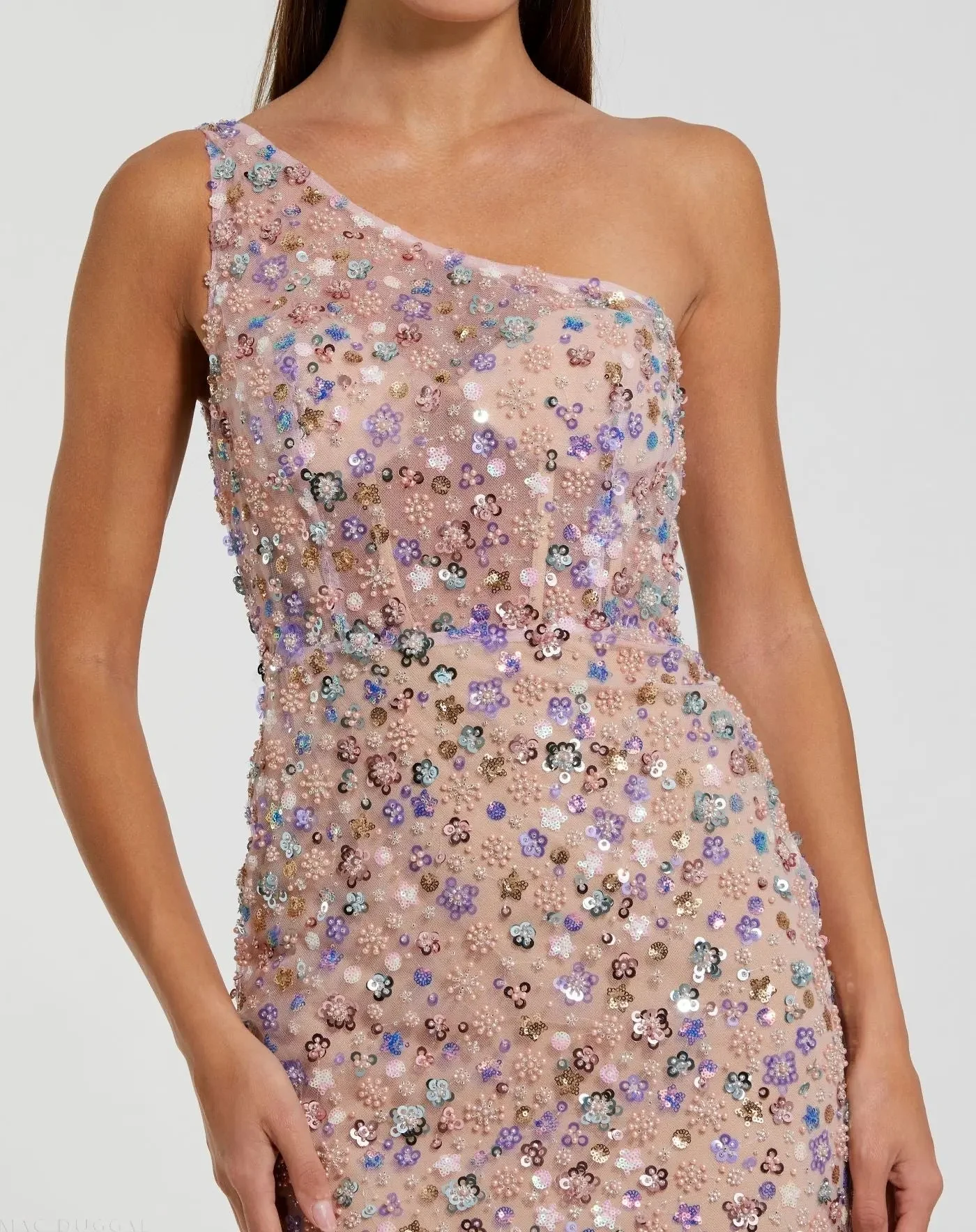 Pink Floral Embellished One Shoulder Column Gown