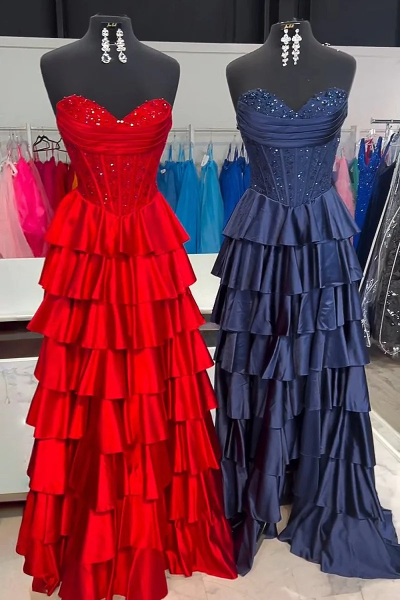 Navy Blue Sweetheart A Line Satin Appliqued Prom Dresses With Ruffles