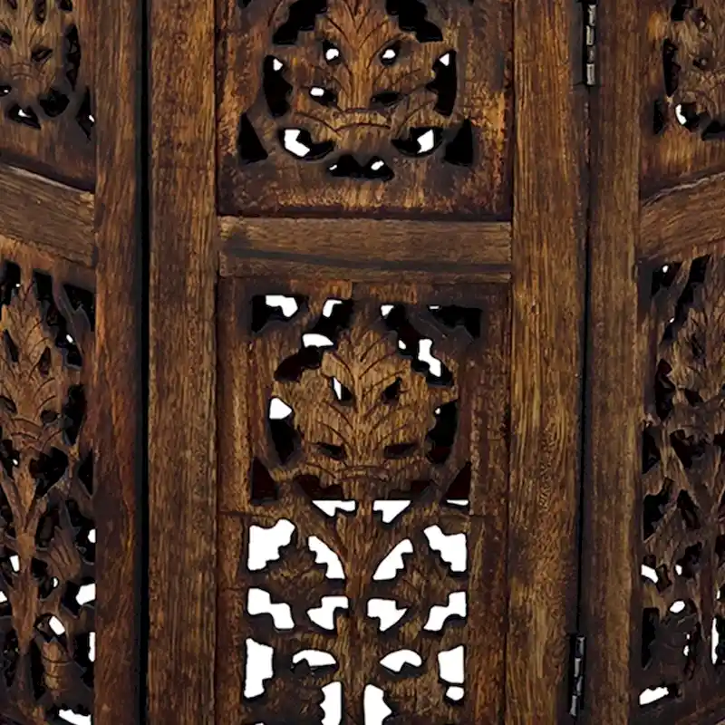 18 Inch Mango Wood Folding Accent Table, Hand Carved, Walnut Brown