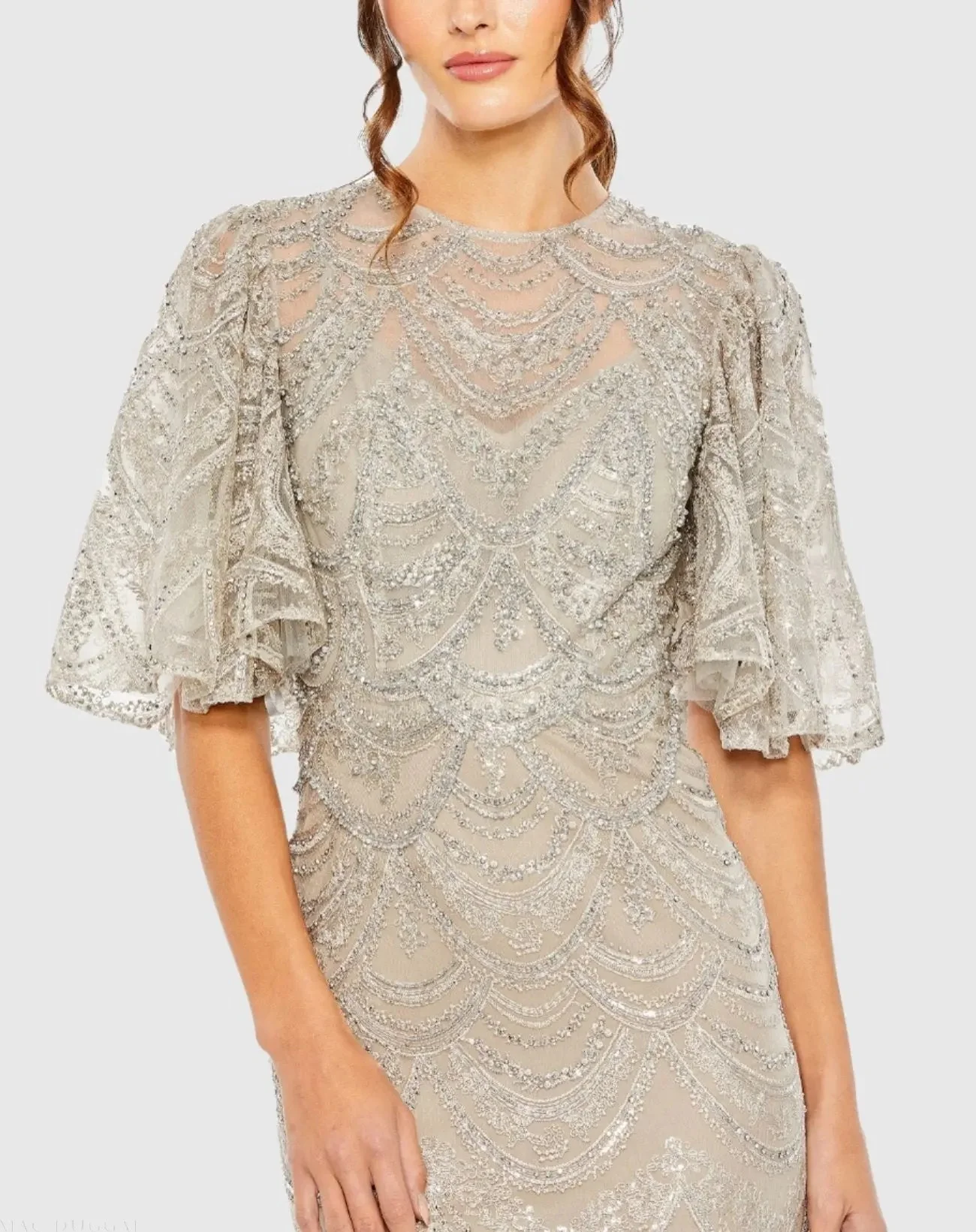 Beige and Silver Flutter Sleeve High Neck Gown