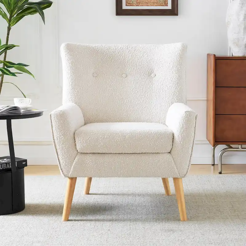 Modern Plush Fabric Accent Chair with Wood Legs