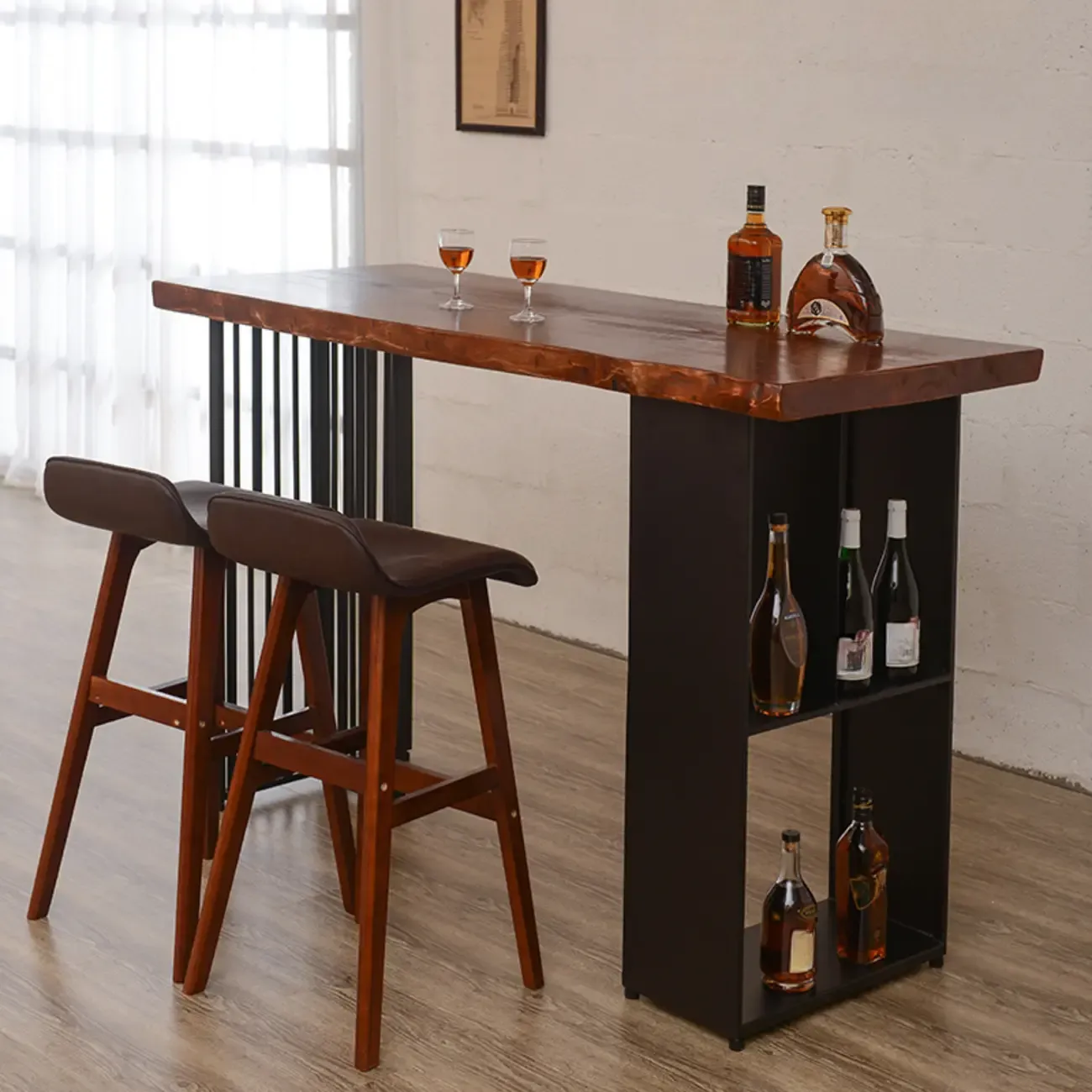 Brown Wooden Bar Height Table with Shelf Storage for Dining