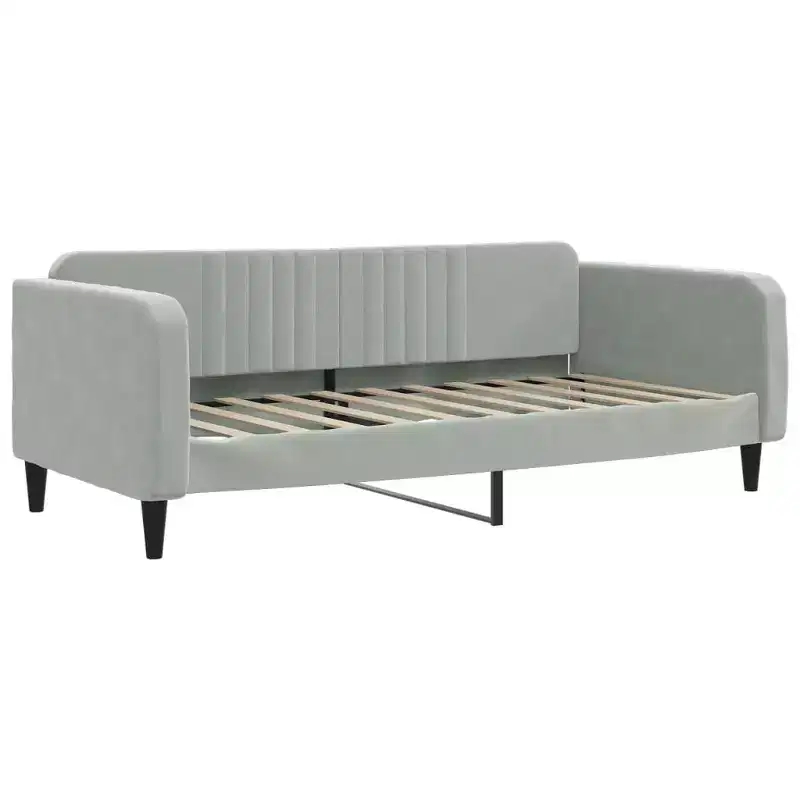 Day Bed Light Grey Velvet, Metal, Plywood, Solid Wood Twin