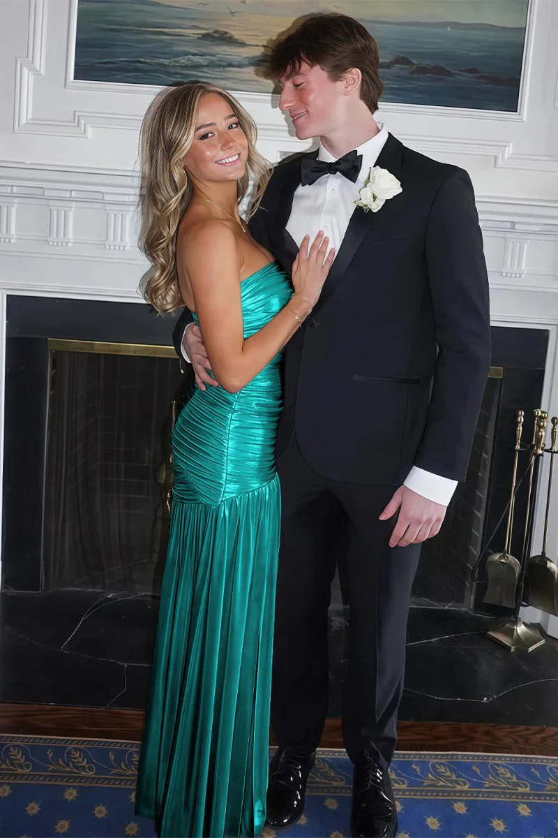 Champagne Mermaid Strapless Metallic Long Prom Dresses with Pleats