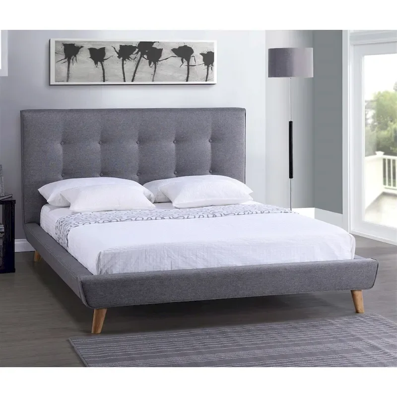 Full Size Grey Linen Upholstered Platform Bed with Tufted Headboard
