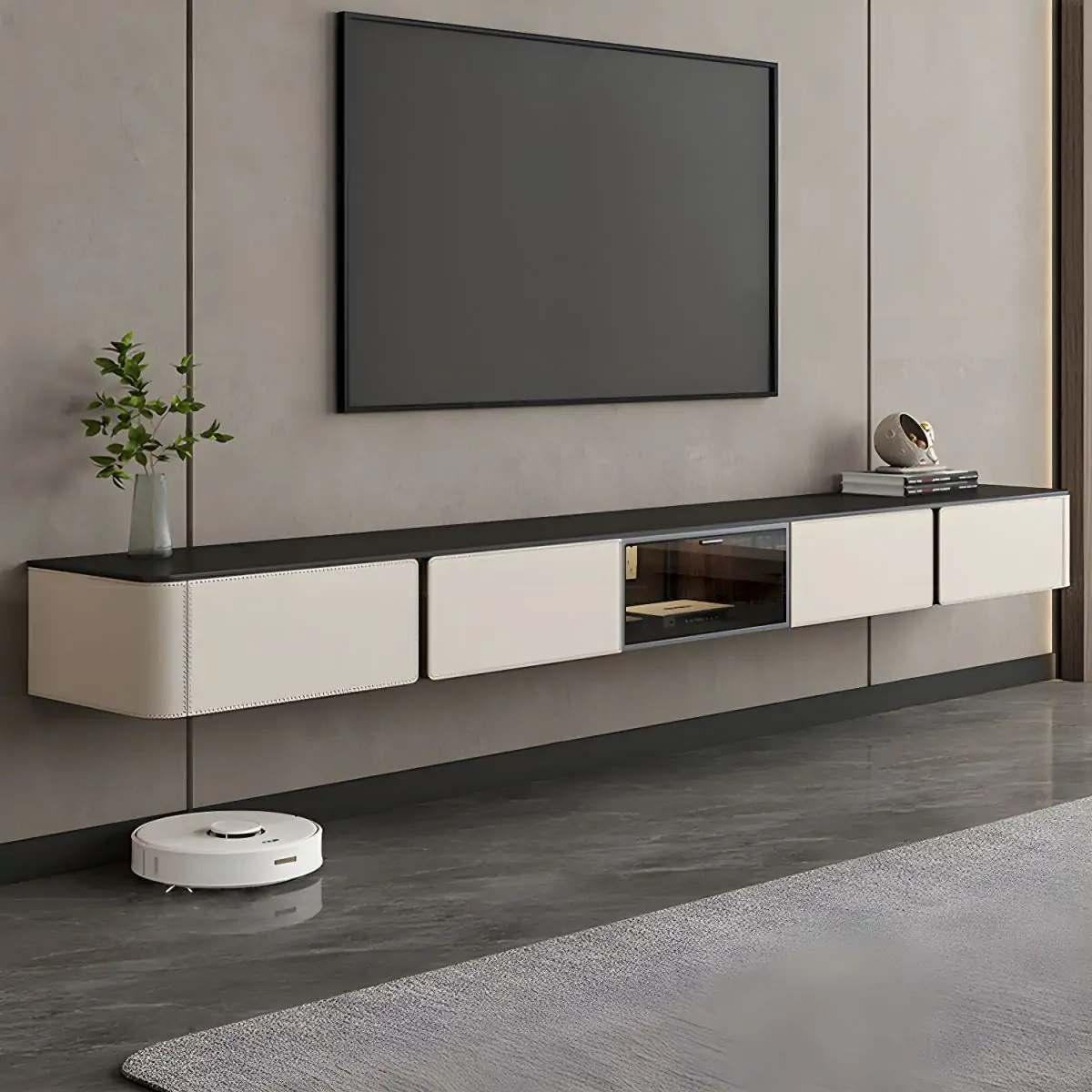 White Modern Stone Floating TV Stand with Cable Management