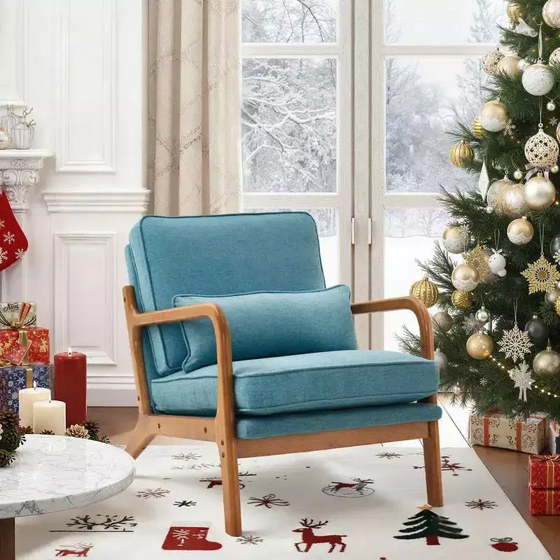 Karl Home 2Pcs Mid Century Solid Wood Accent Chair Upholstered Armchair with an Extra Pillow
