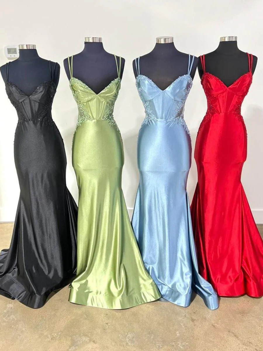Double Straps Appliques Mermaid Satin Prom Dress