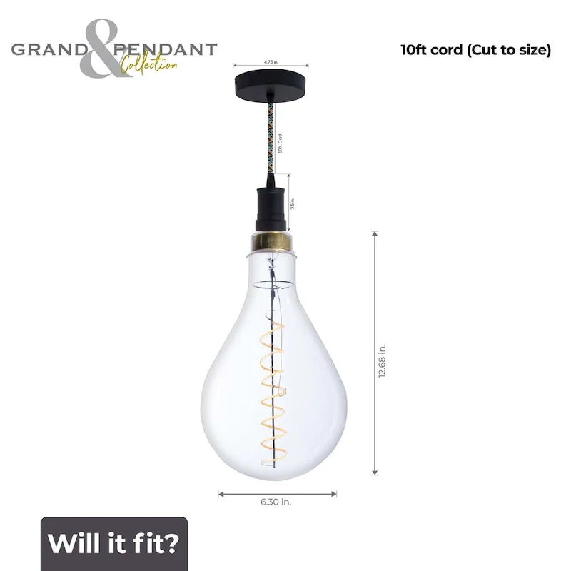 Bulbrite LED Grand Bulb and Pendant Kit of (1) 4 Watt Clear Glass 13  Pear Shaped Bulb