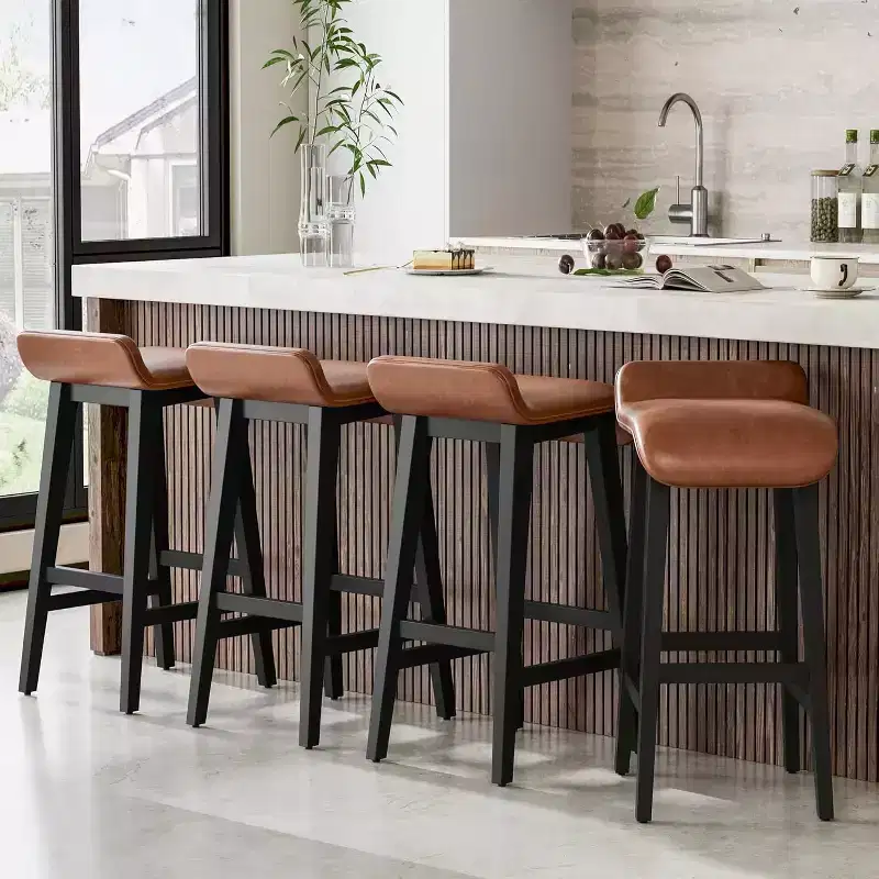 Set of 4 Counter Height Bar Stools with Low Back & Footrest, Wood Frame, Wide PU Leather Seat for Kitchen Islands & Counter Bars, Brown