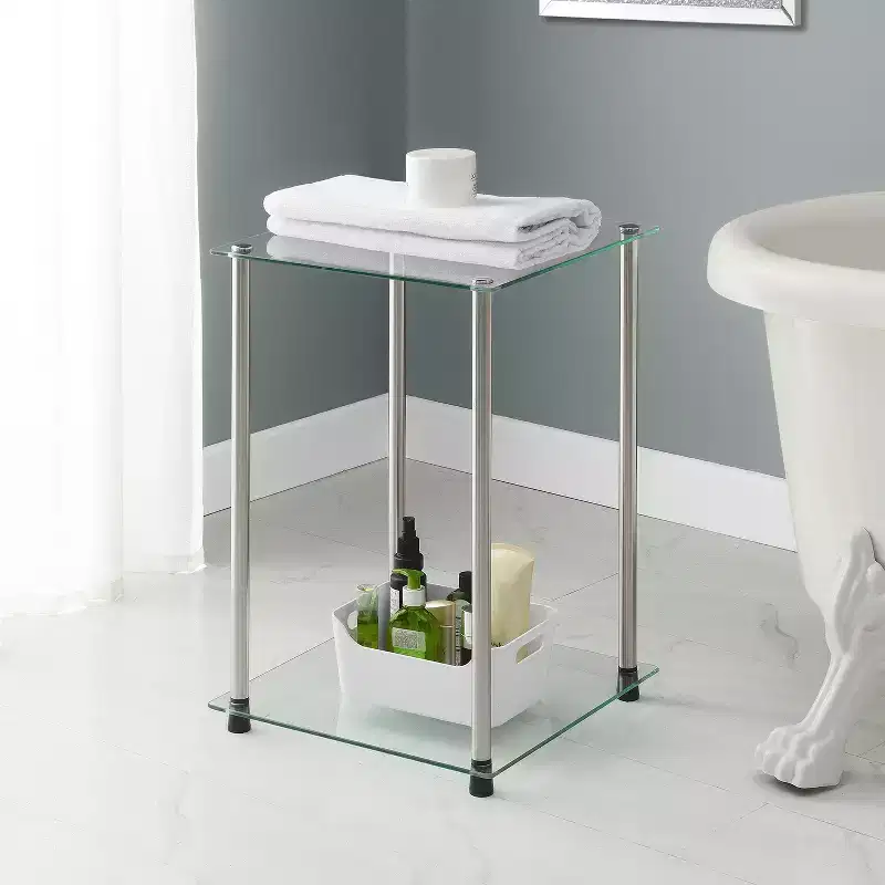 HomeStock Belmont Glass 2 Tier Square End Table, Modern Accent Side Table with Tempered Glass Shelves and Stainless Steel Frame