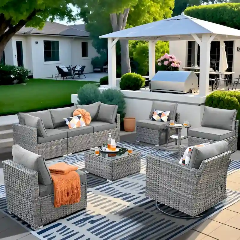 HOOOWOOO 9-piece Grey Wicker Patio Outdoor Sectional Set with Swivel Rocking Chair