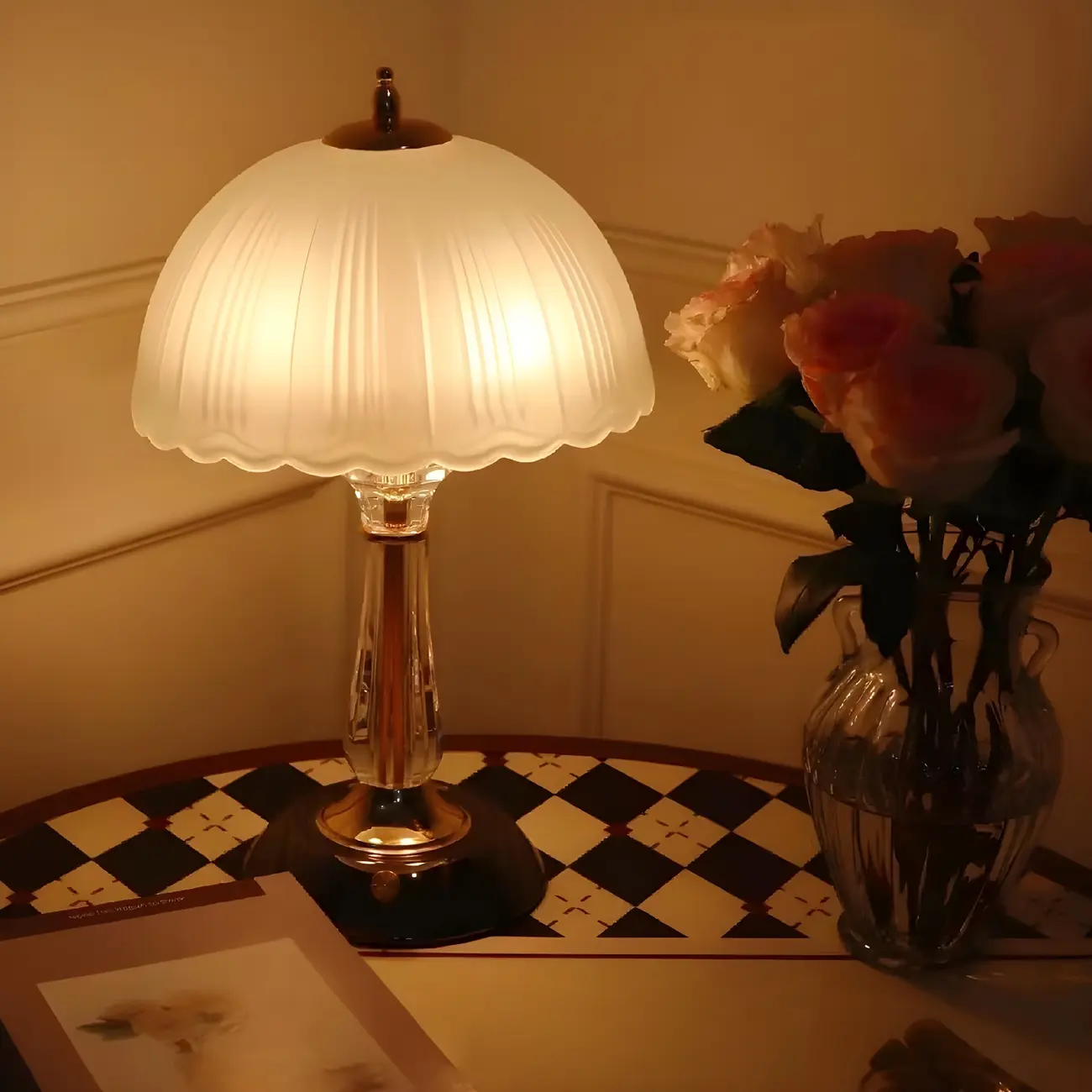 Elegant White Glass Metal Umbrella-Shaped Table Lamp