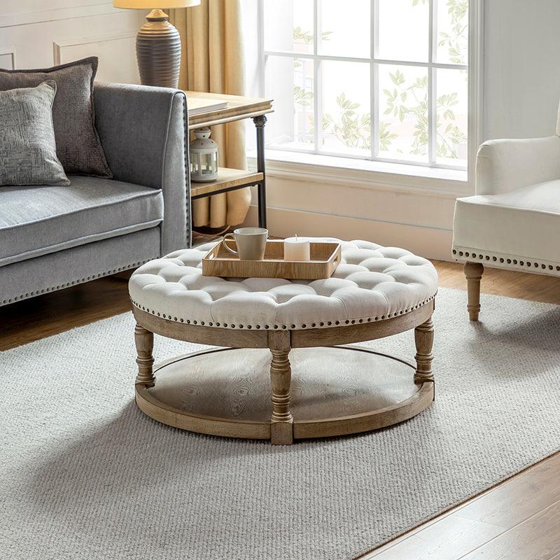 Round Button-Tufted Ottoman Coffee Table with Nailhead Trim, Storage Shelf & Solid Wood Legs | Linen / Ivory / Blue / Grey | Single