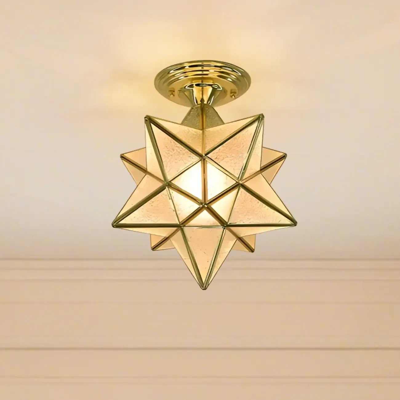 Colonial Style Gold Star Glass Shade Semi Flush Ceiling Light