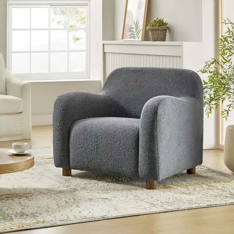 Wayne 35  Wide Boucle Upholstered Teddy Accent Chair with Solid Wood Legs by HULALA HOME