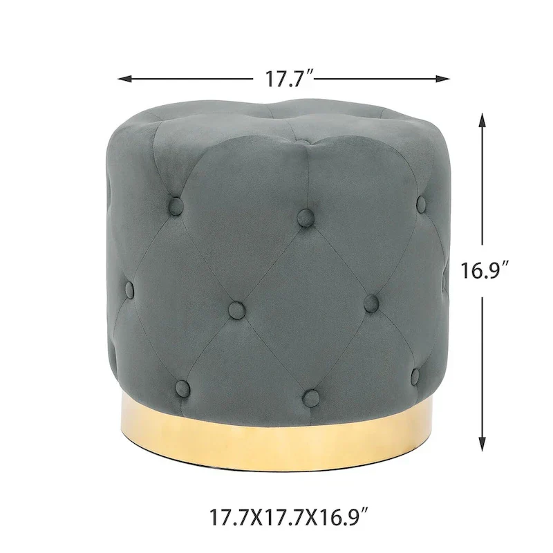 Adeco Round Velvet Ottoman Vanity Footrest Stool Gold Plating Base