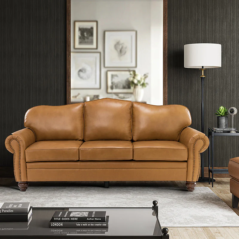 Genuine Leather Roll Arm Sofa with Nailhead Trim, Removable Cushions, S-Spring & Turned Walnut Rubberwood Legs | Camel / Beige / Sage / Black / Navy / Brown / Grey / Turquoise | 3-Seater