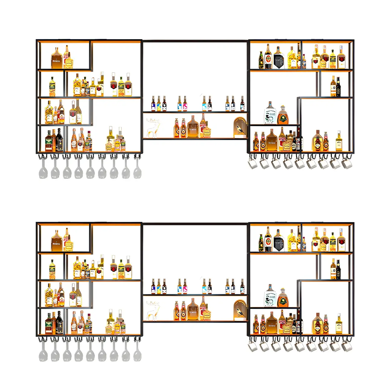 Black Metal Wall-Mounted Wine Rack with Stemware Holder