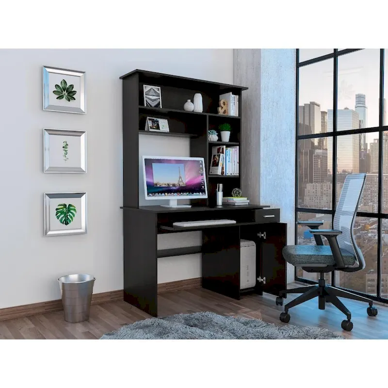 Compu 180 Hutch Desk with 5 Shelves, Retractable Keyboard Tray, CPU Panel, and Drawer