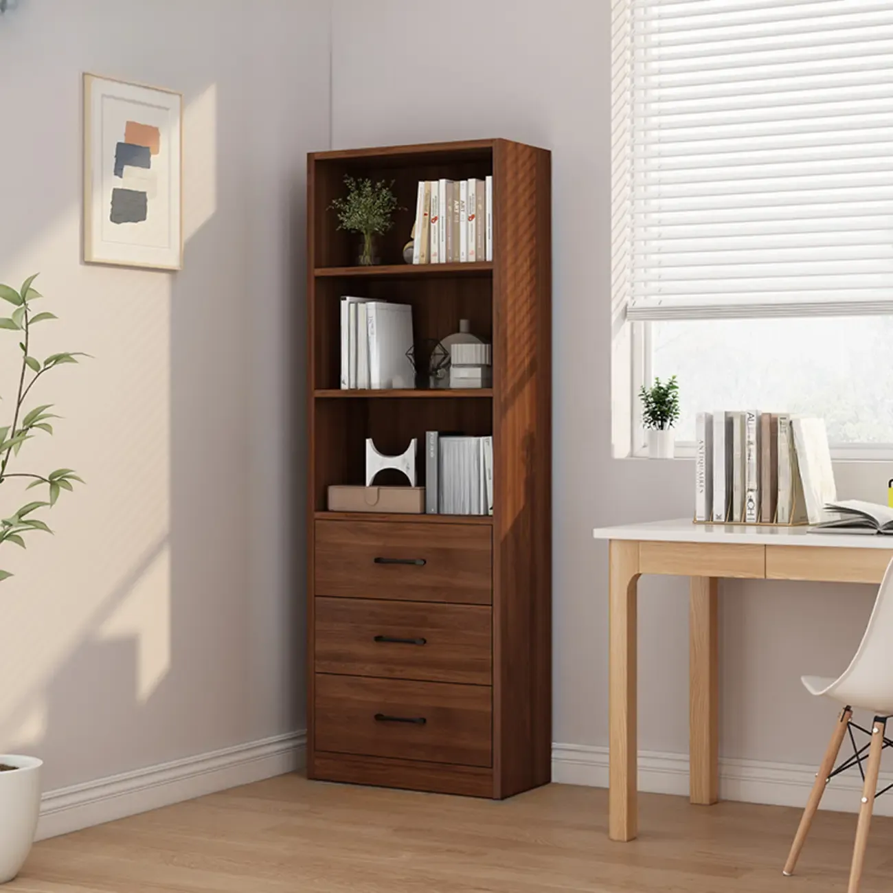 Classic Brown Wooden Vertical 3 Drawers Storage Bookcase
