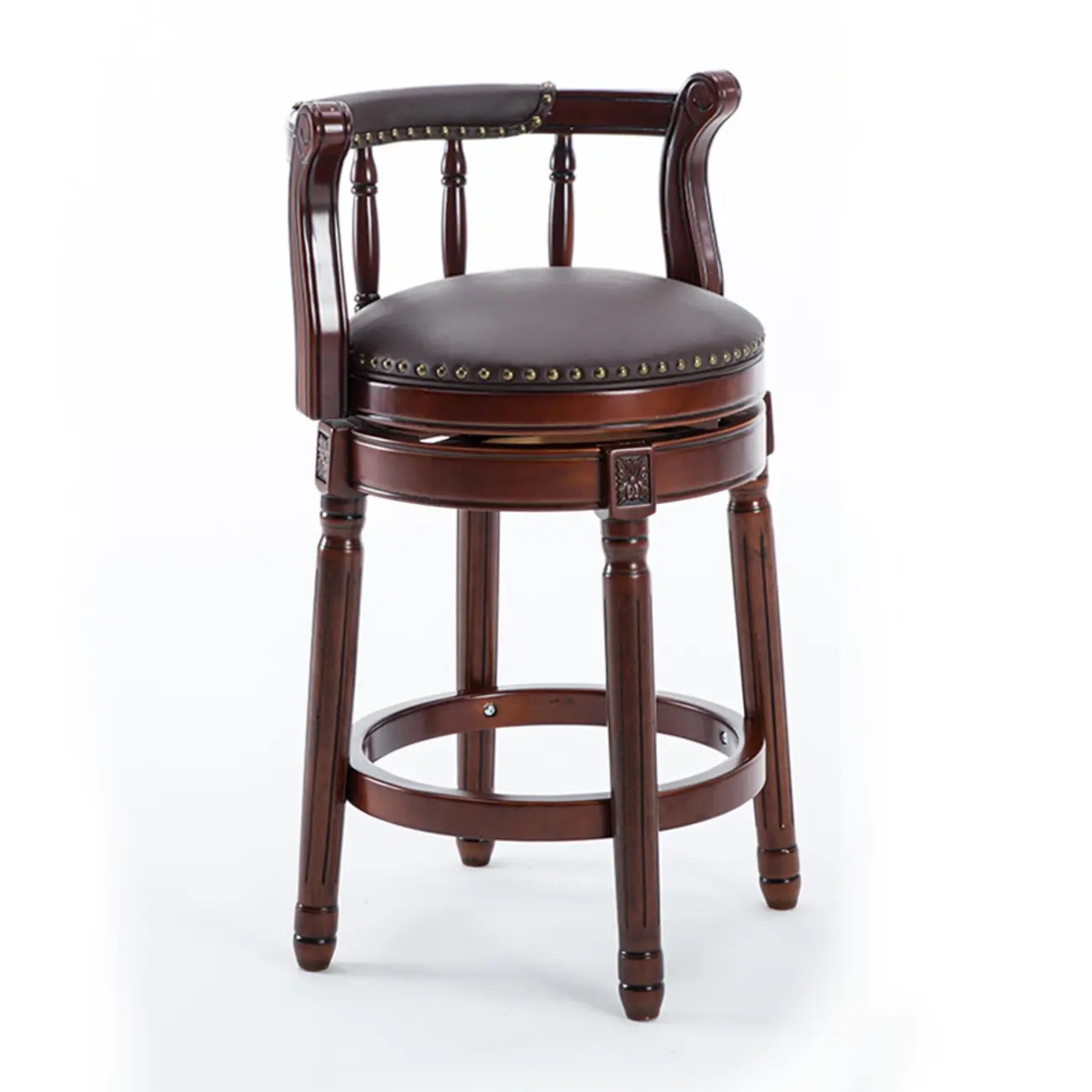 Swivel Counter Height Bar Stools in Genuine Leather & Walnut Solid Wood