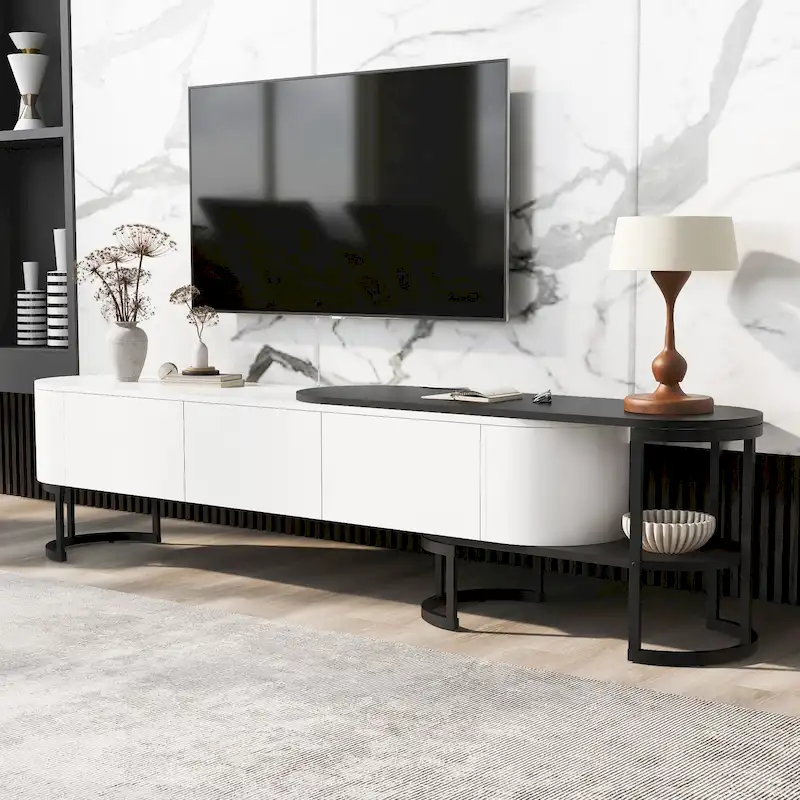 Modern Black White Retractable TV Stand with 3 Drawers and Metal Adjustable Legs for Living Room Bedroom
