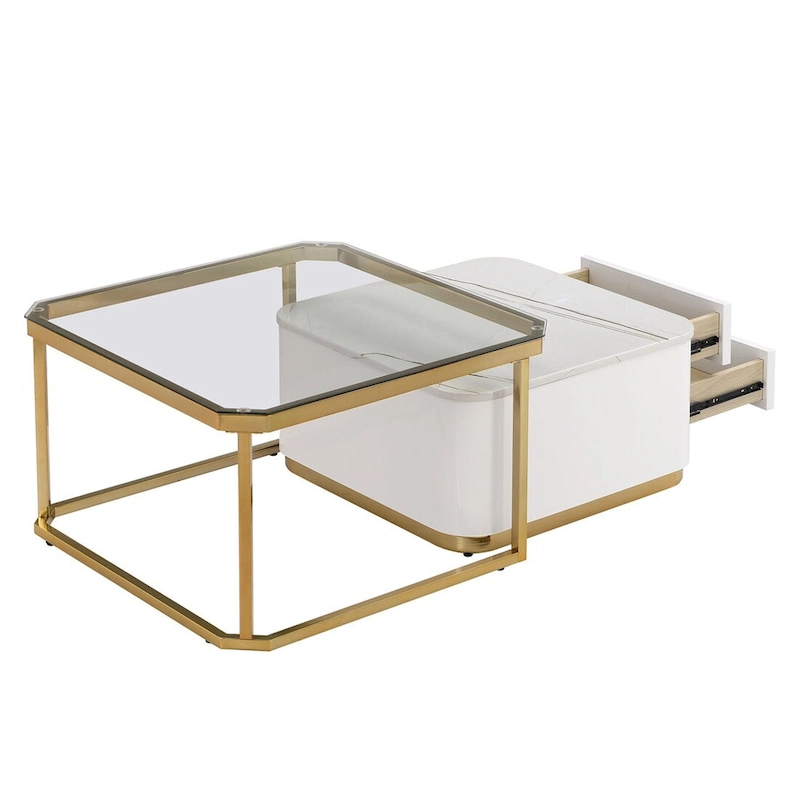 2 Pieces Nesting Coffee Table w/ Drawers & Electroplated Gold Legs
