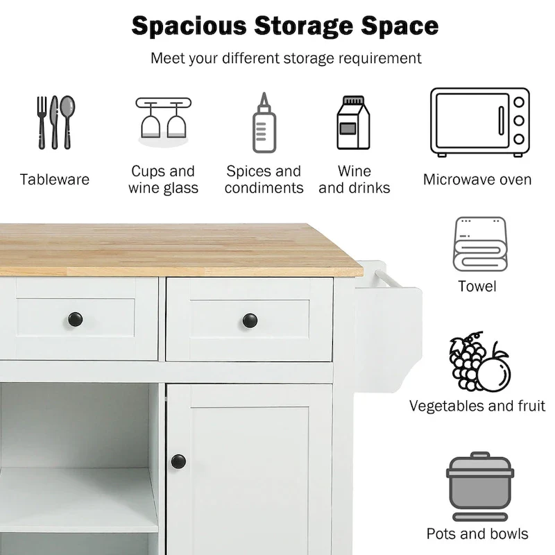 Kitchen Cart with Rubber wood Drop-Leaf Countertop