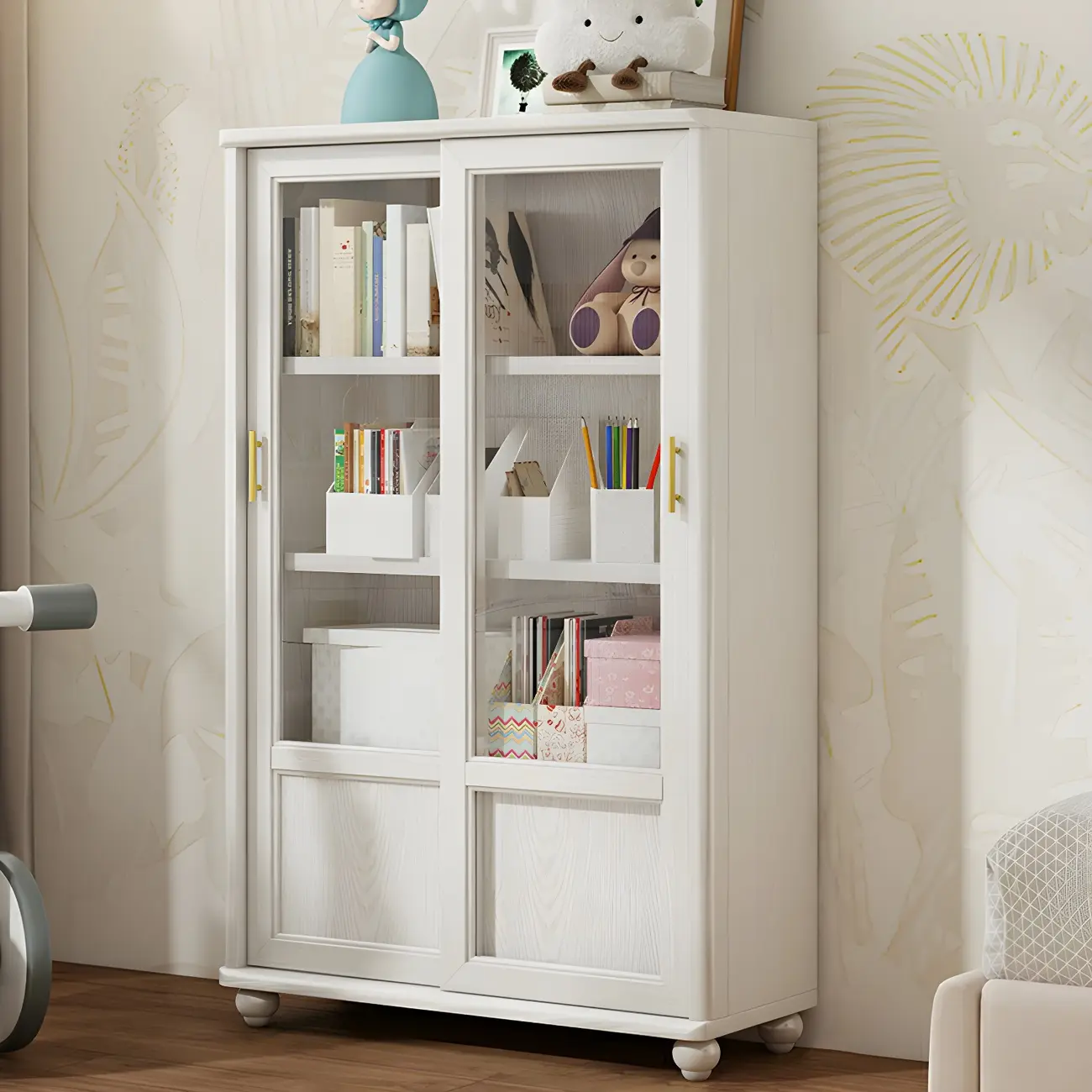 2-Drawer White Wooden Adjustable Shelves bookcases