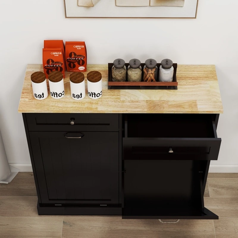 Two-Compartment Tilt-Out Trash Cabinet Kitchen Trash Cabinet w/2 Drawers
