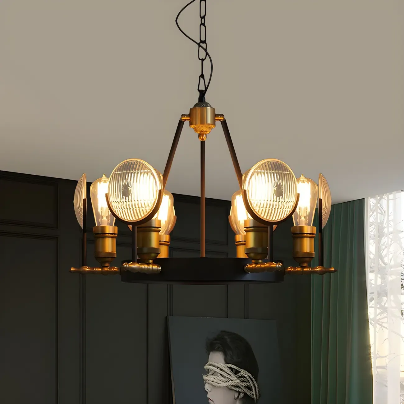 Grid Glass Lens Chandelier Lamp Vintage 6/9/12 Lights Restaurant Hanging Light Kit in Black