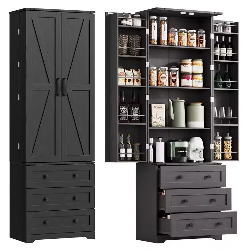 72H Kitchen Pantry Cabinet, Freestanding Cupboard Storage Cabinet with Adjustable Shelves &3 Drawers, Wooden Coffee Bar Cabinet for Living Room