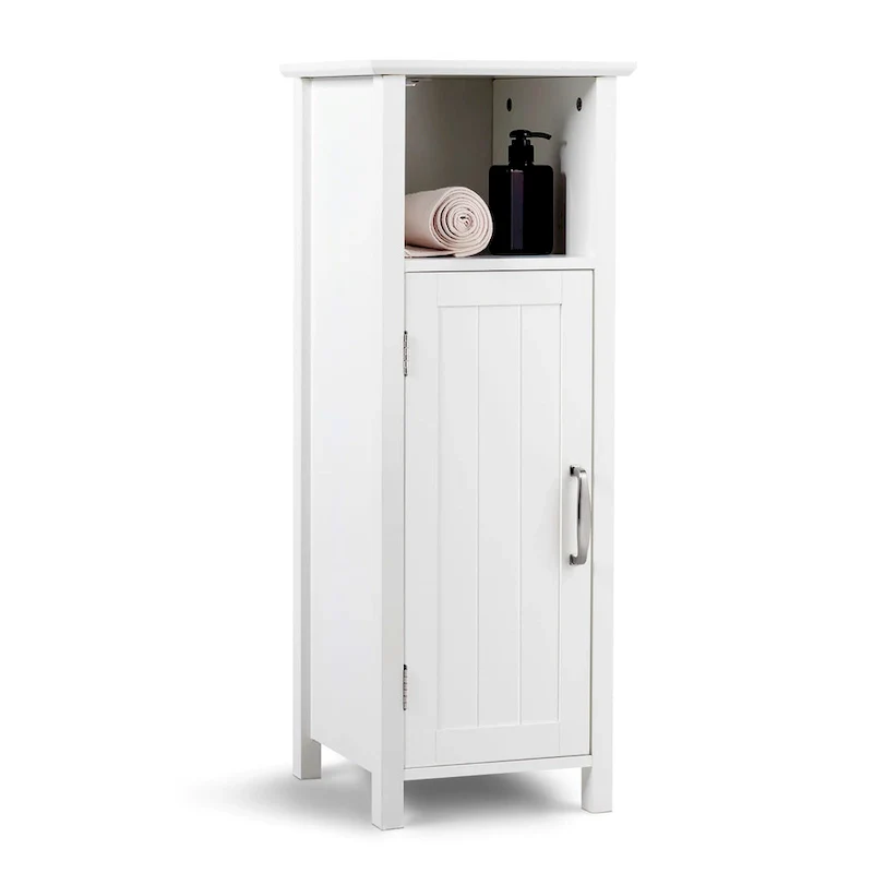 White Single-Door Floor Storage Cabinet with Adjustable Shelves