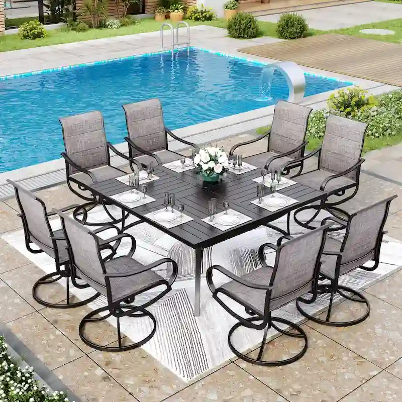 MAISON ARTS 9 Pieces Patio Dining Set, 60 Inch Square Metal Table and Sling Dining Chairs