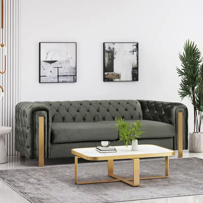 Keyser Modern Glam Tufted Velvet 3 Seater Sofa - 83.75  L x 34.50  W x 27.25  H